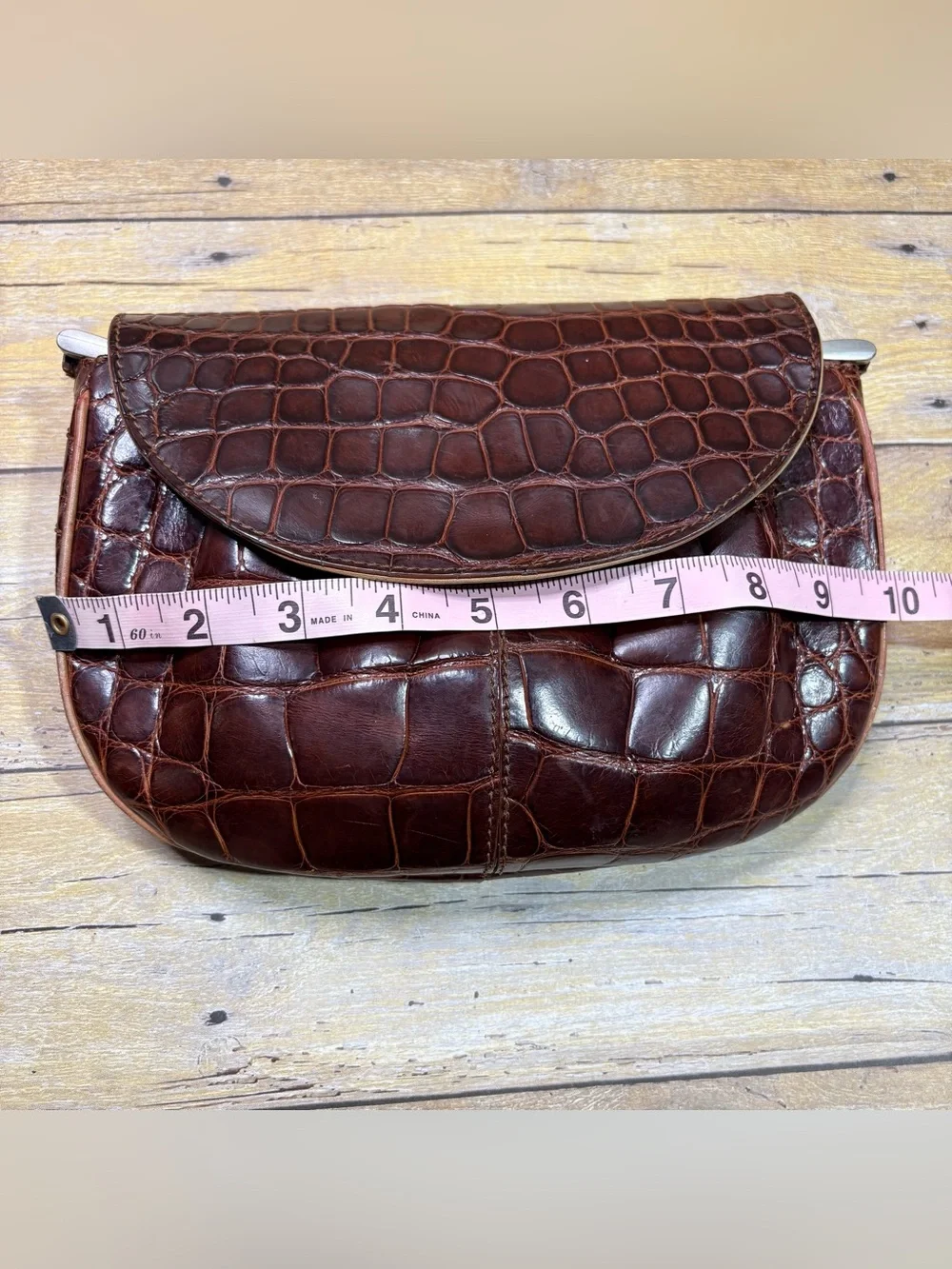 Brown Croc-Embossed Leather Crossbody Bag 100% real Alligator